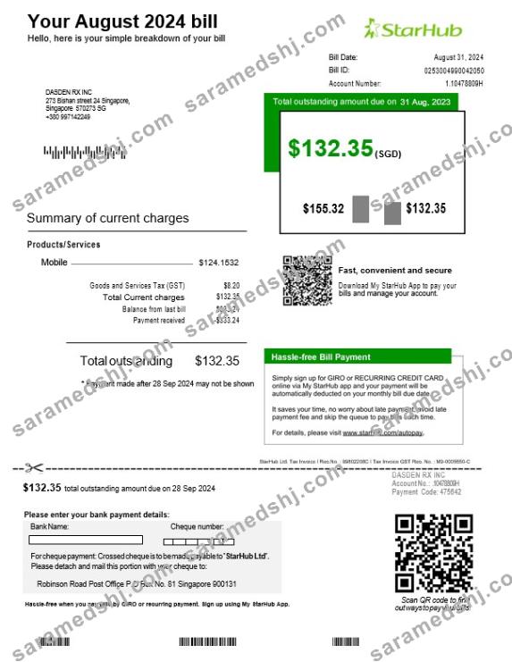 Singapore StarHub business utility bill template in Word and PDF formats